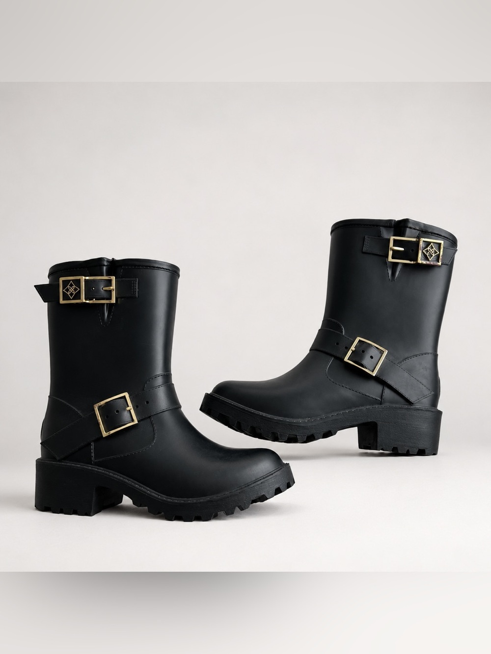 DAV Black Moto Rain Boots Gold Buckle Waterproof Combat Boots 7